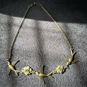 Vintage inspired handmade sparrow and rose bronze necklace